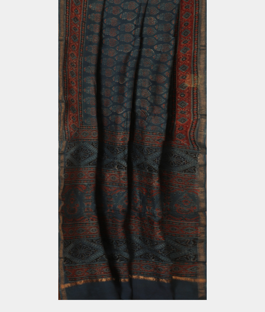 Blue Ajrakh Cotton Saree T3305742