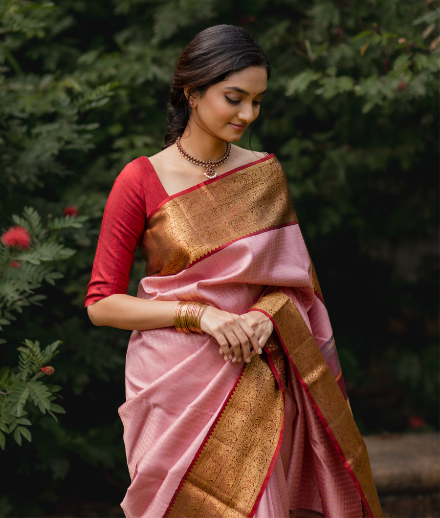 Buy Ruby Pink Kanjivaram Silk Saree for Woman With Contrast Green Border in  Vintage Zari/ Pallu Sarees by TST Online in India - Etsy | South silk sarees,  Silk sarees, Saree