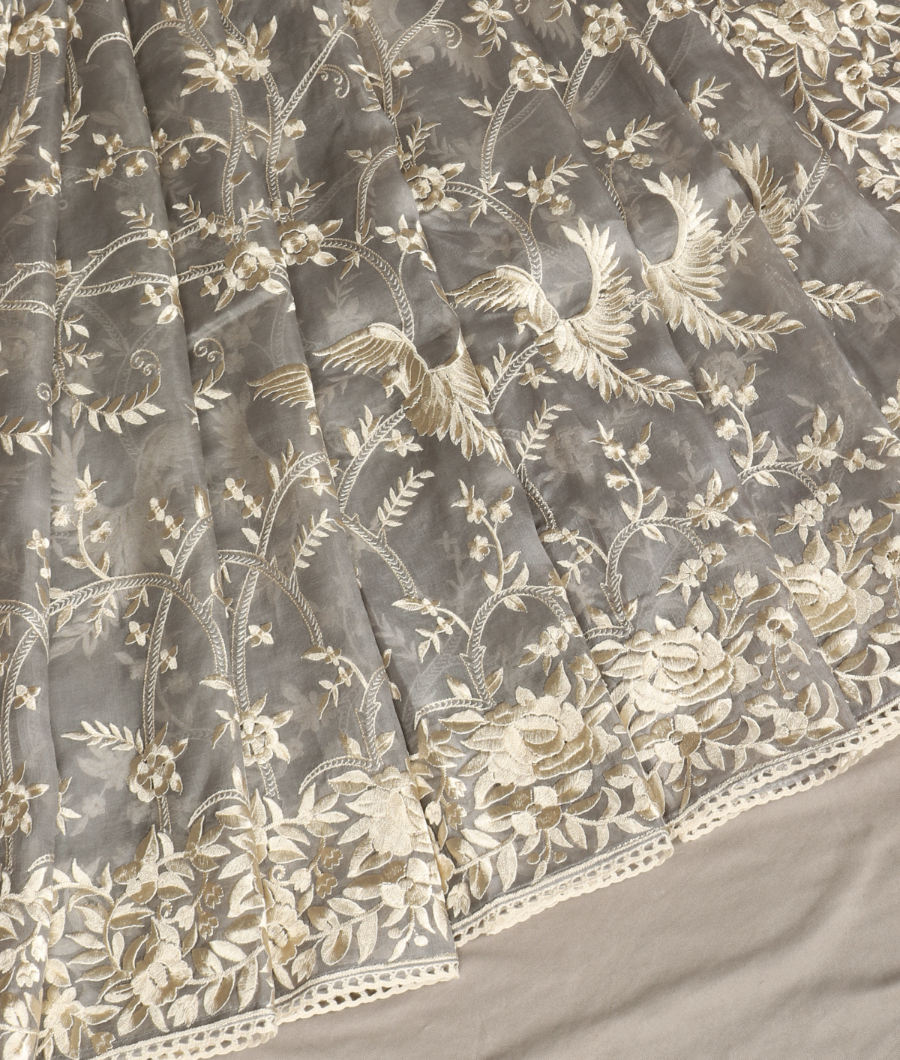 Grey Kora Organza Embroidery Saree T3342602