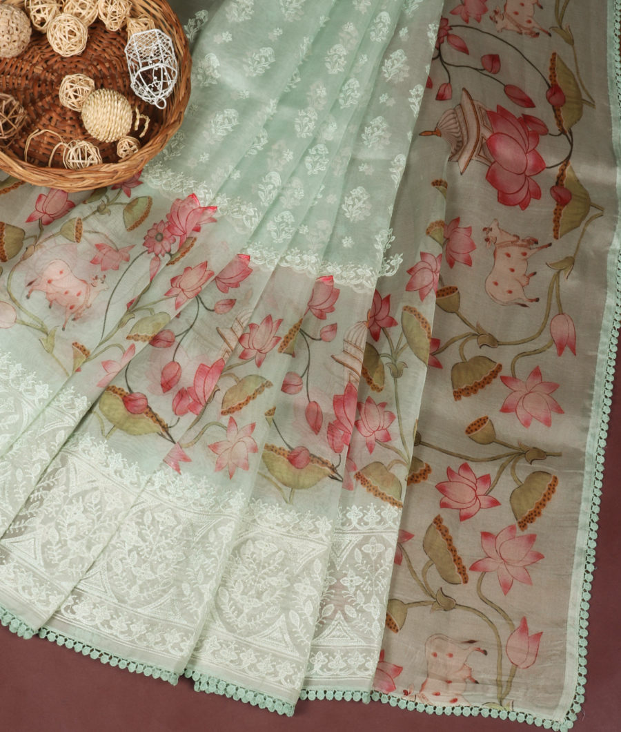 Blue Kora Organza Embroidery Saree T334880 3