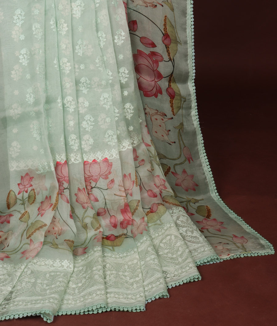 Blue Kora Organza Embroidery Saree T334880 4