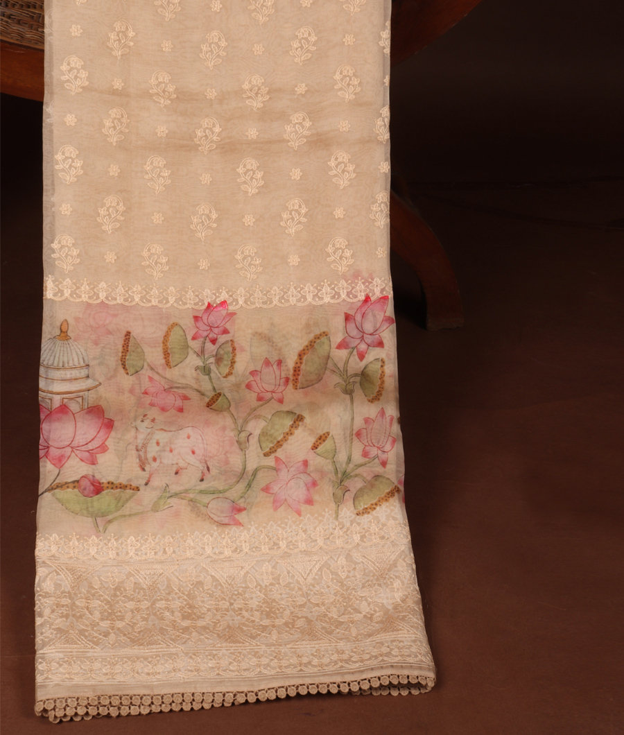 Cream Kora Organza Embroidery Saree T334879-image