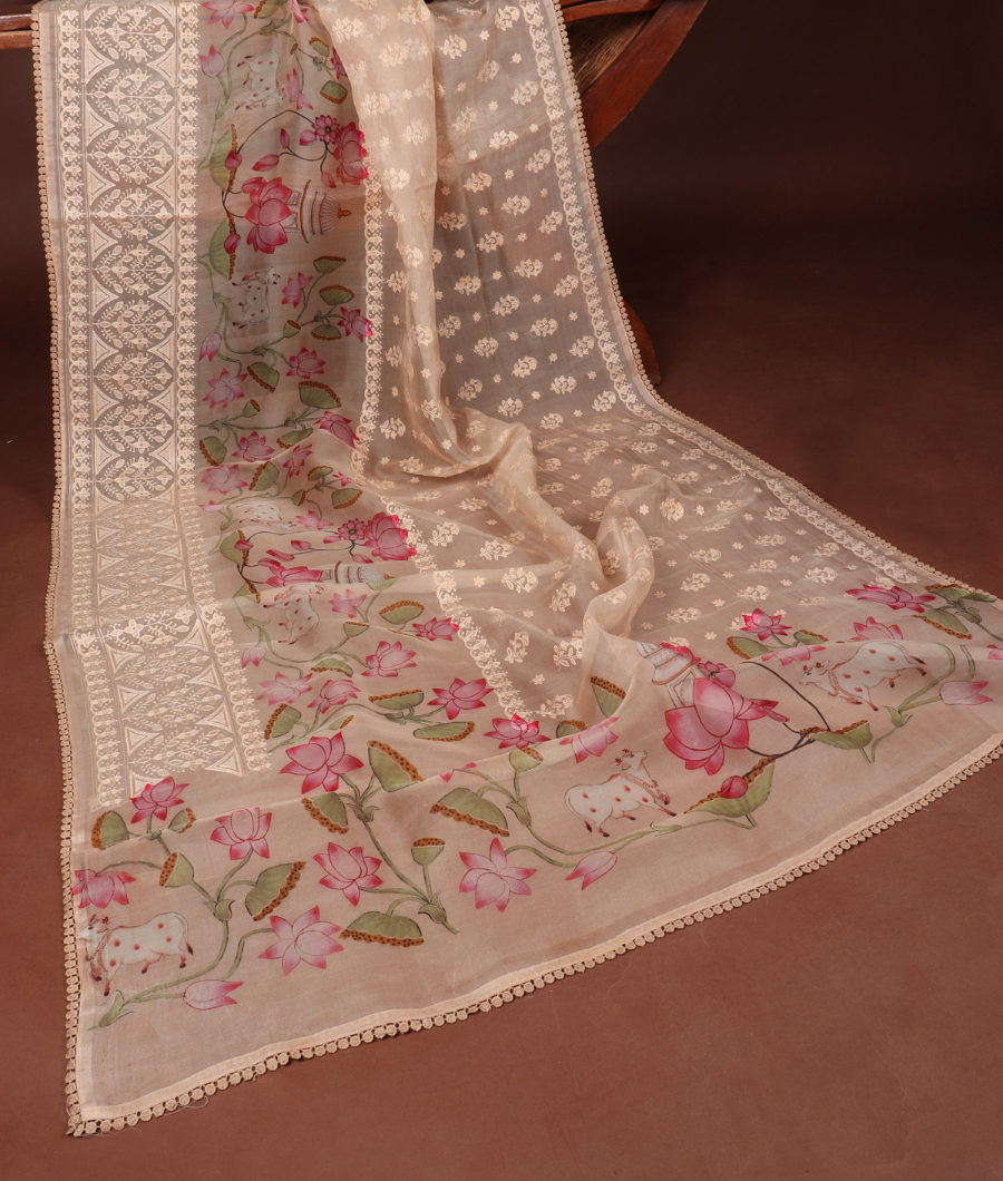 Cream Kora Organza Embroidery Saree T3348792
