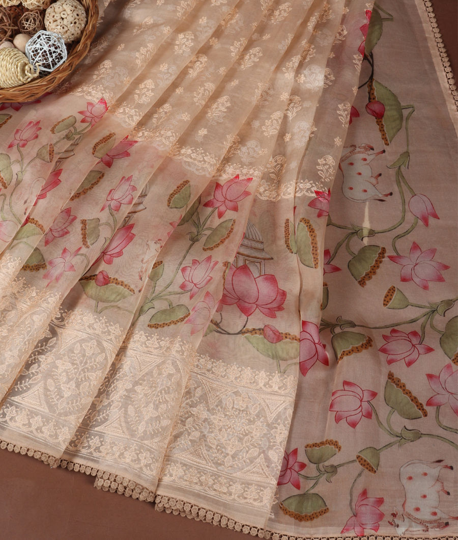 Cream Kora Organza Embroidery Saree T3348793