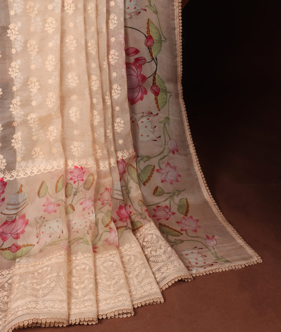 Cream Kora Organza Embroidery Saree T3348794