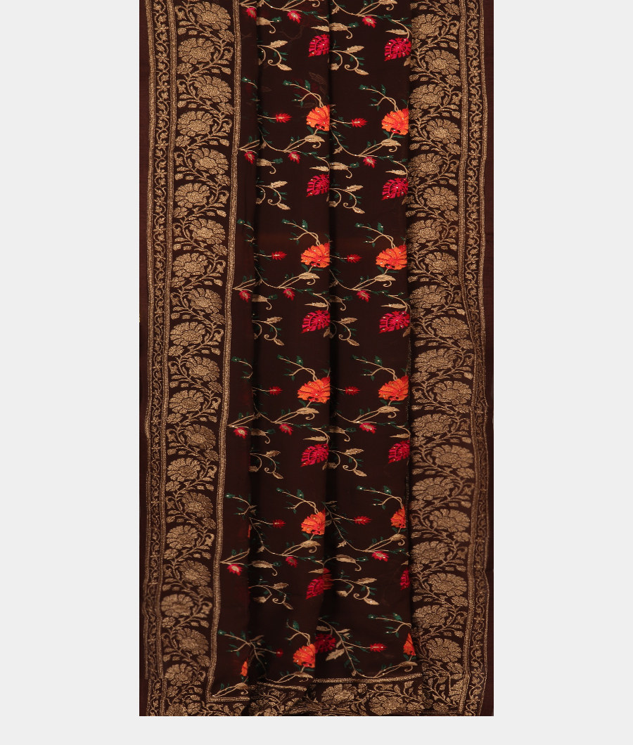 Brown Georgette Silk Embroidery Saree NG68282