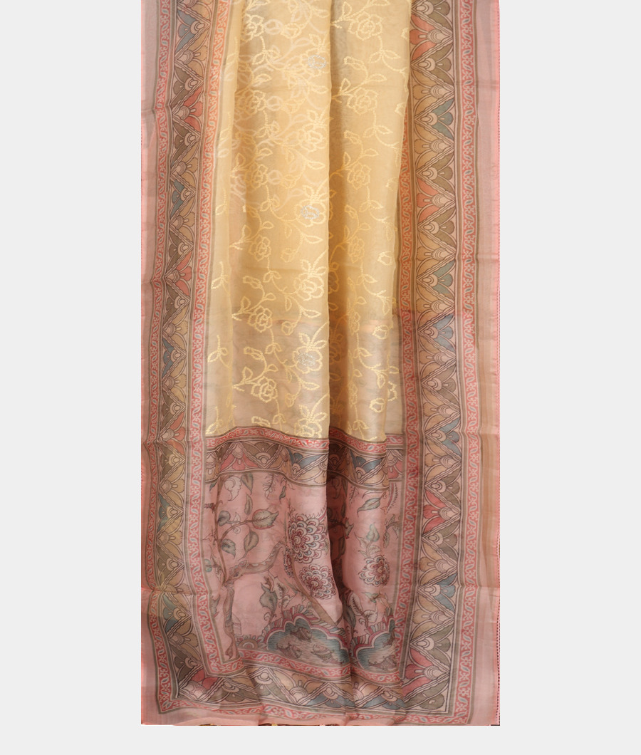 Cream Kora Organza Embroidery Saree T3348642