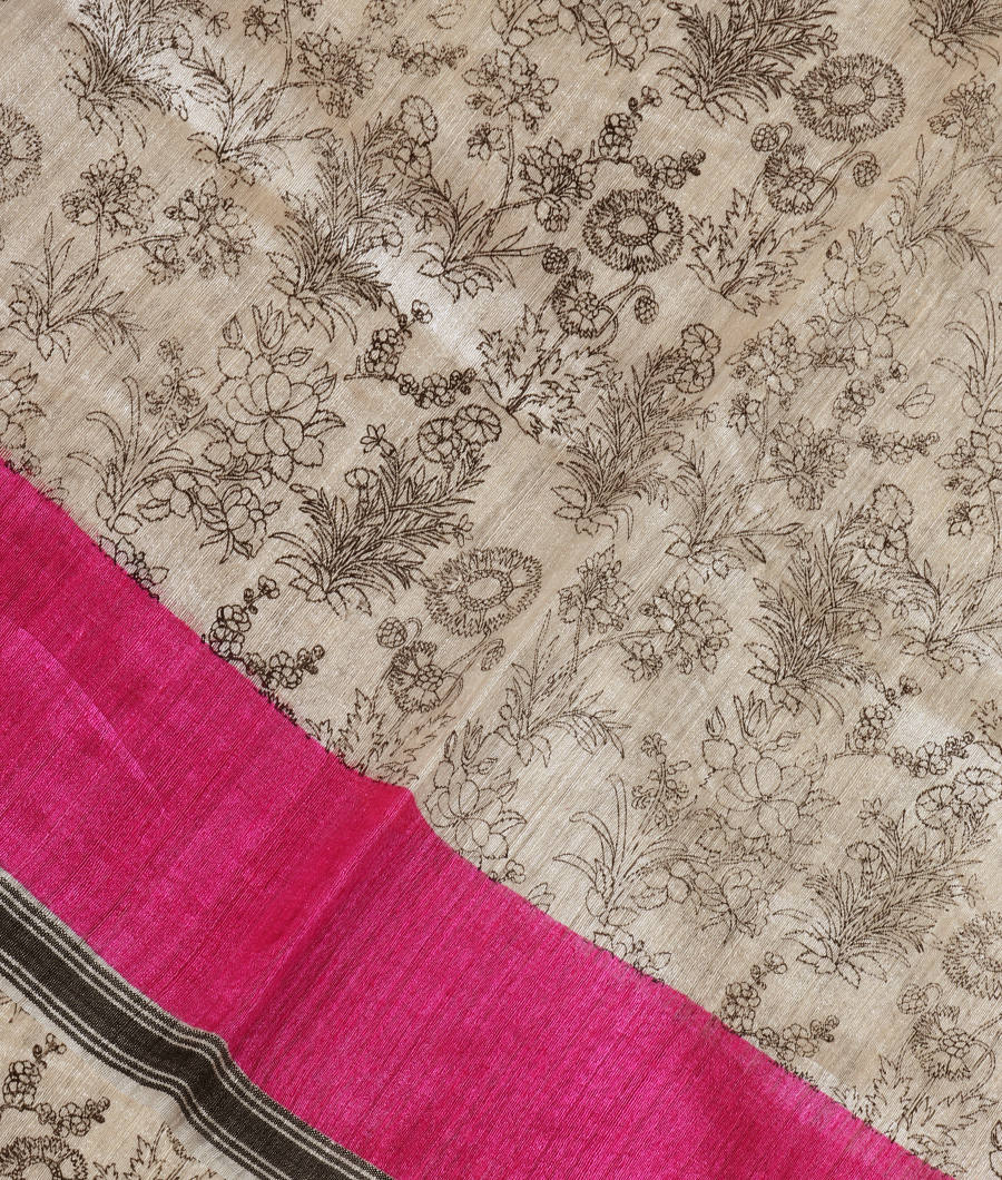 Off-White Tussar Printed Saree T4534-image