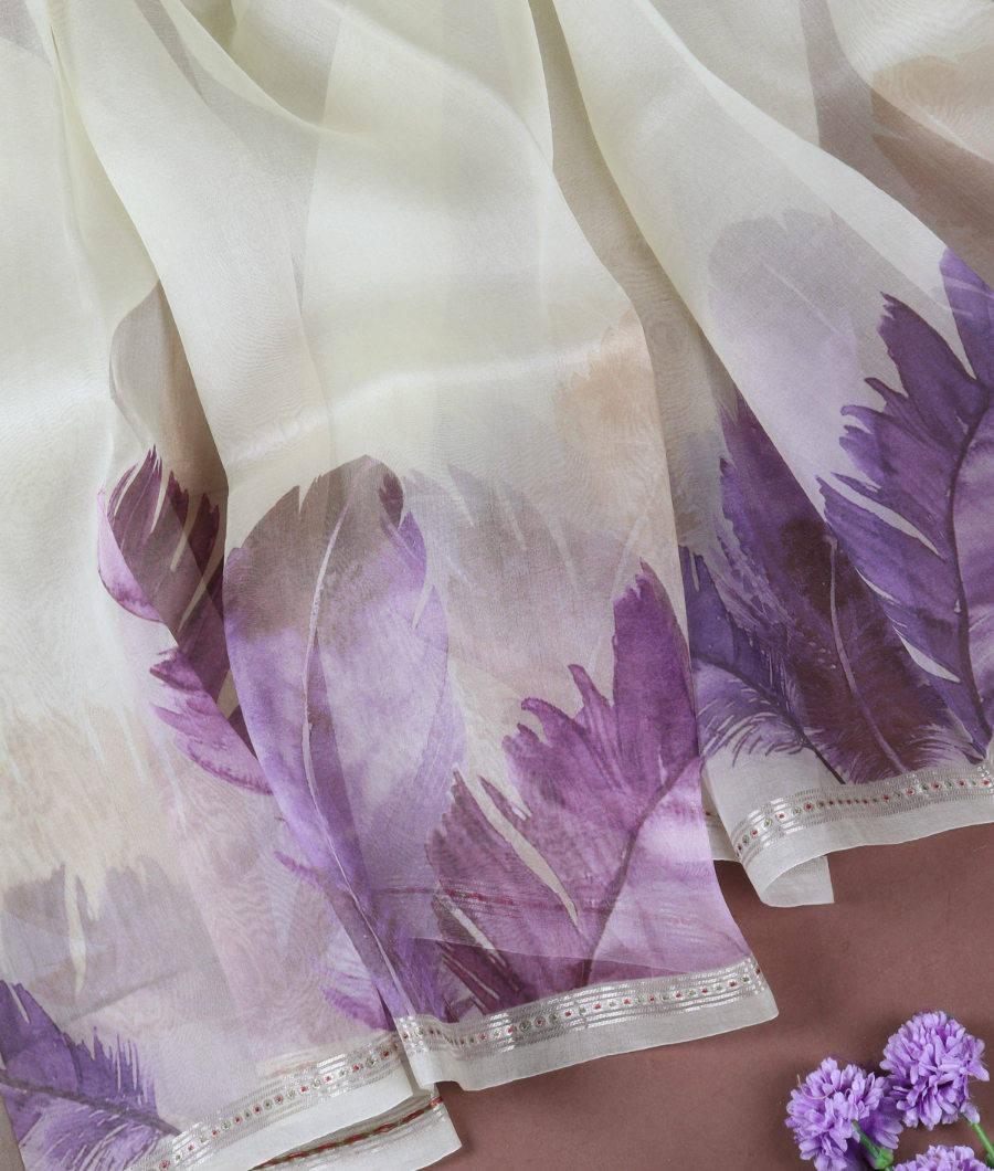 Cream Kora Organza Printed Saree T3388553