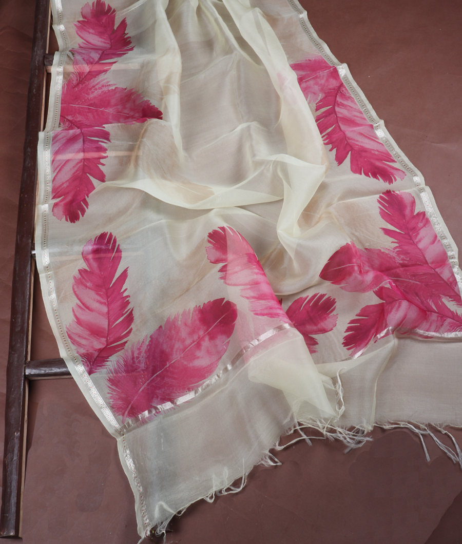 Cream Kora Organza Printed Saree T3388642