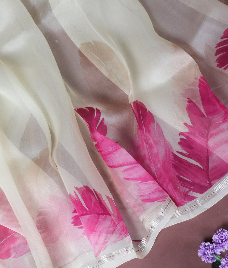 Cream Kora Organza Printed Saree T3388643