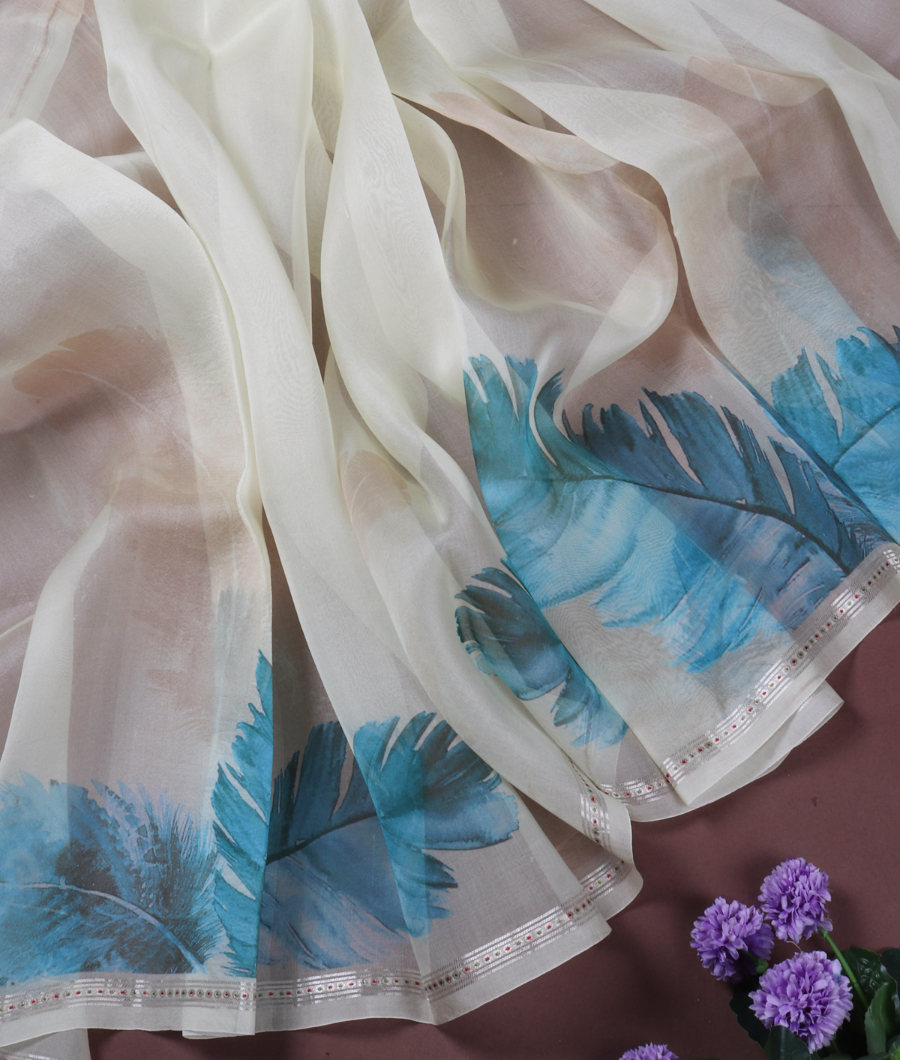 Cream Kora Organza Printed Saree T3388653