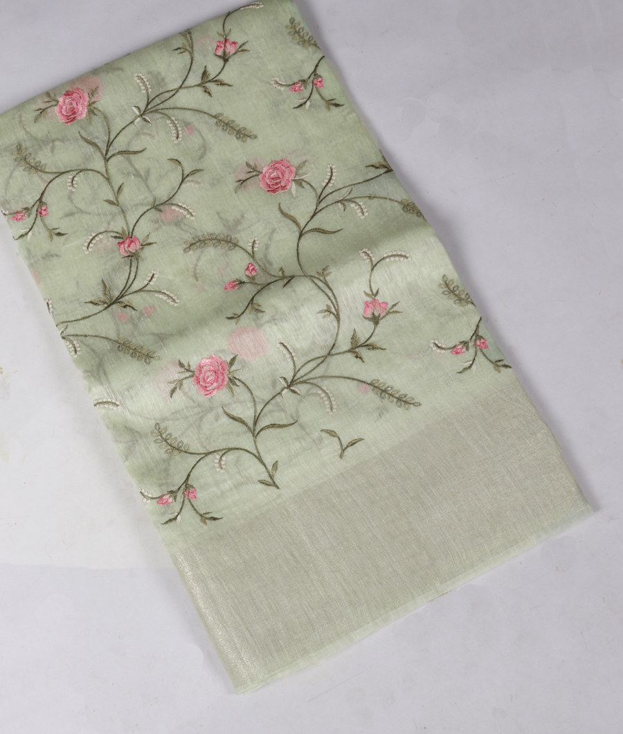 Green Linen Embroidery Saree T339885-image