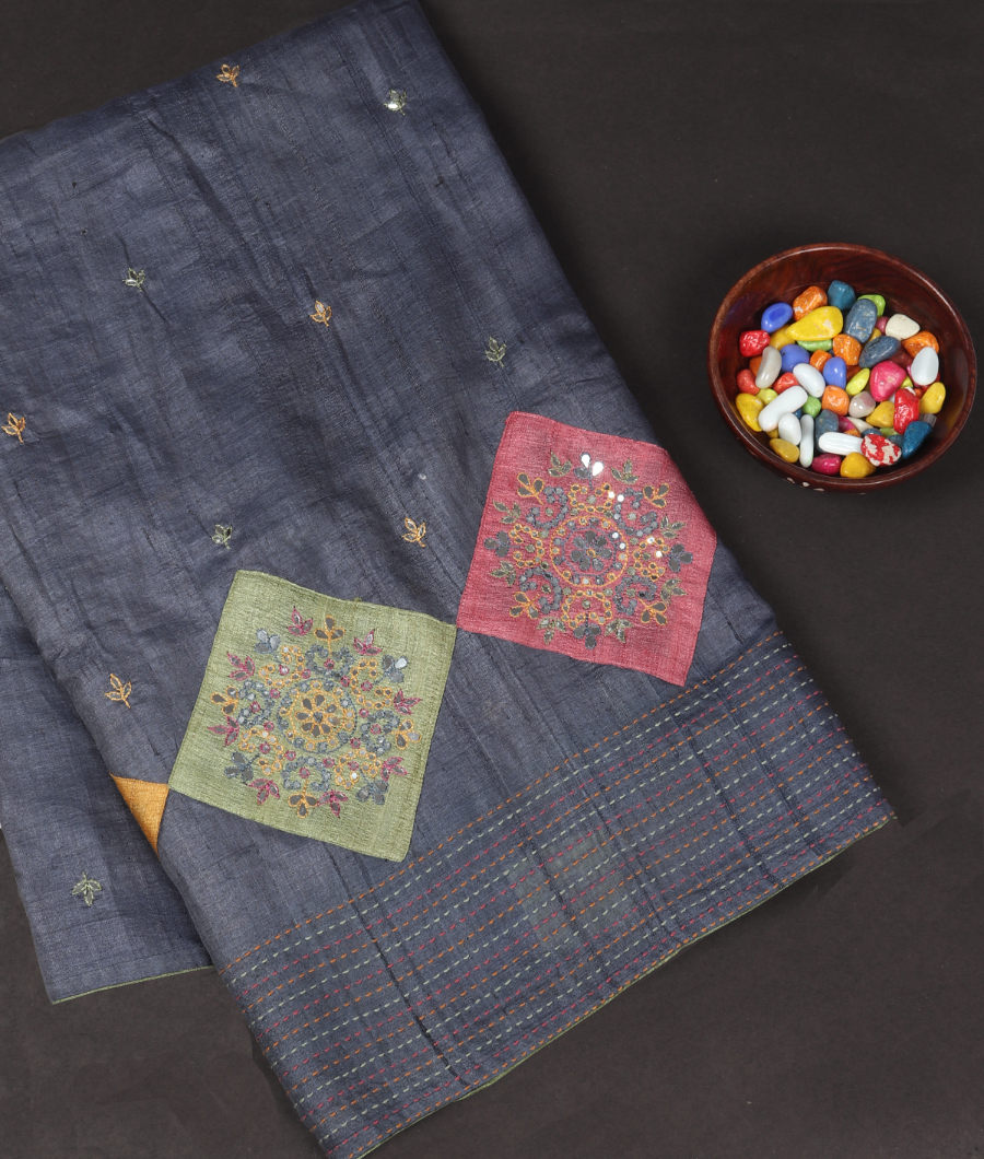 Bluish Grey Tussar Embroidery Saree T335646-image