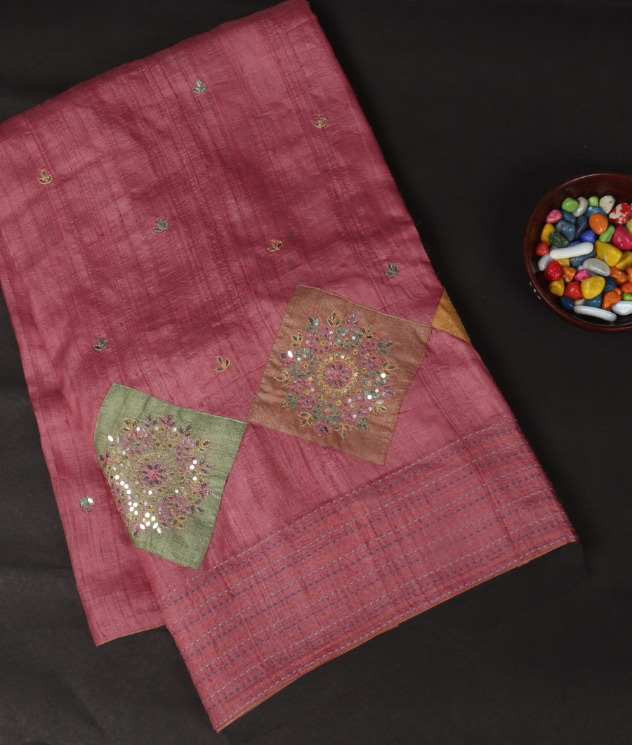 Pink Tussar Embroidery Saree T335645-image