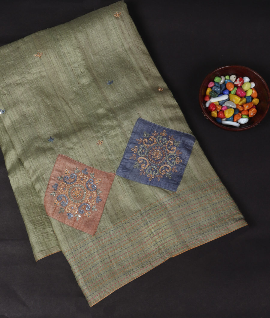 Green Tussar Embroidery Saree T335644-image