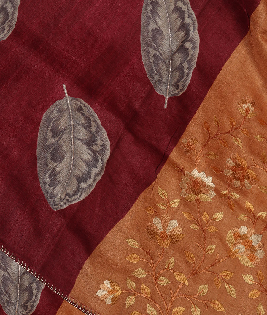 Maroon and Mustard Yellow Tussar Embroidery Saree T327432-image