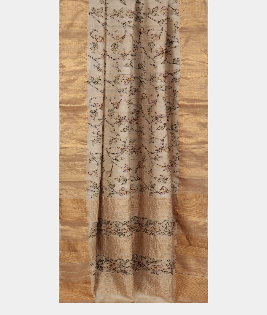 Beige Tussar Kantha Work Saree T3389112
