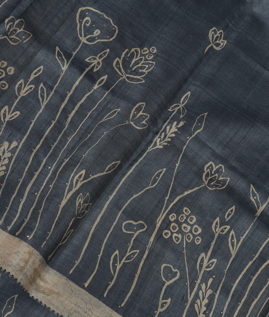 Bluish Grey Tussar Printed Saree T320880-image