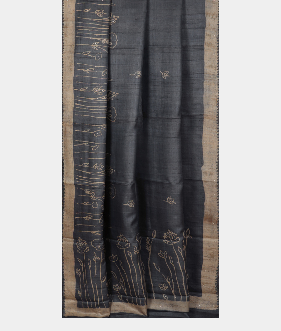 Bluish Grey Tussar Printed Saree T3208802
