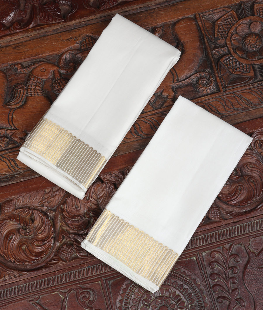 White Handwoven Kanjivaram Silk Dhoti and Vastharam T321531-image