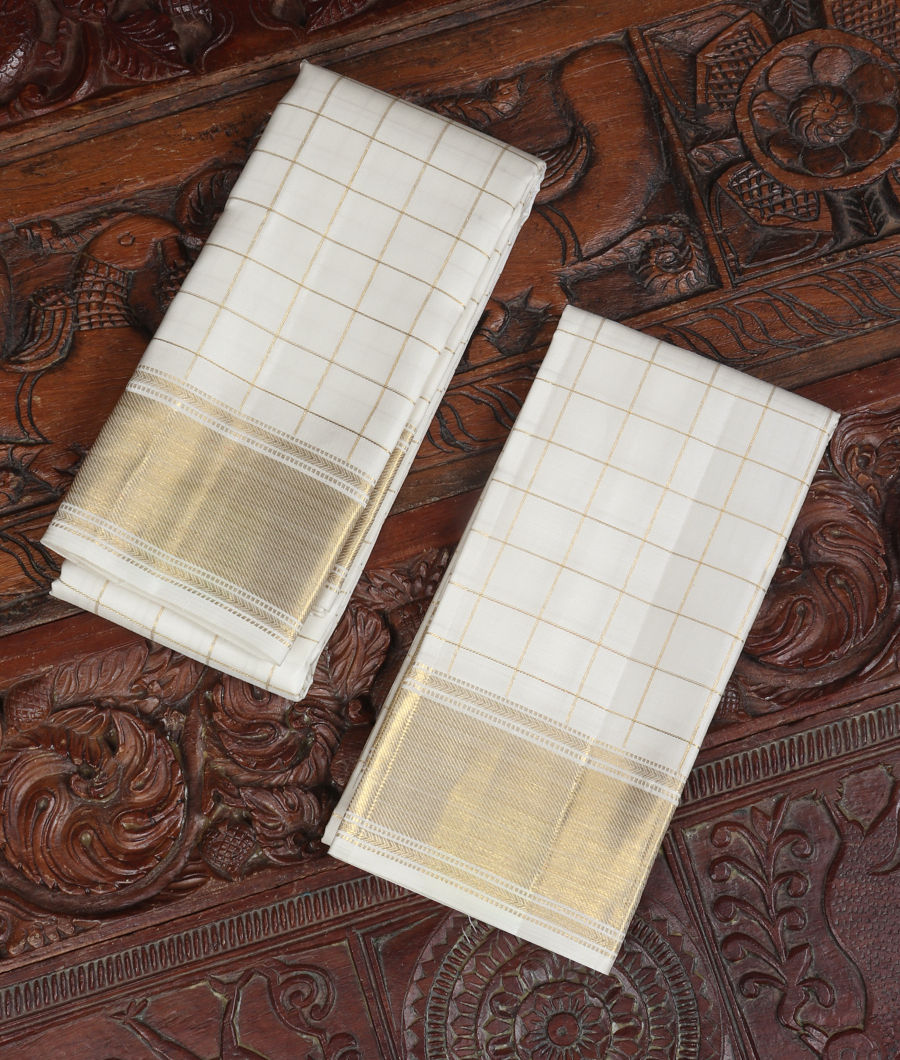 White Handwoven Kanjivaram Silk Dhoti and Vastharam T339072-image