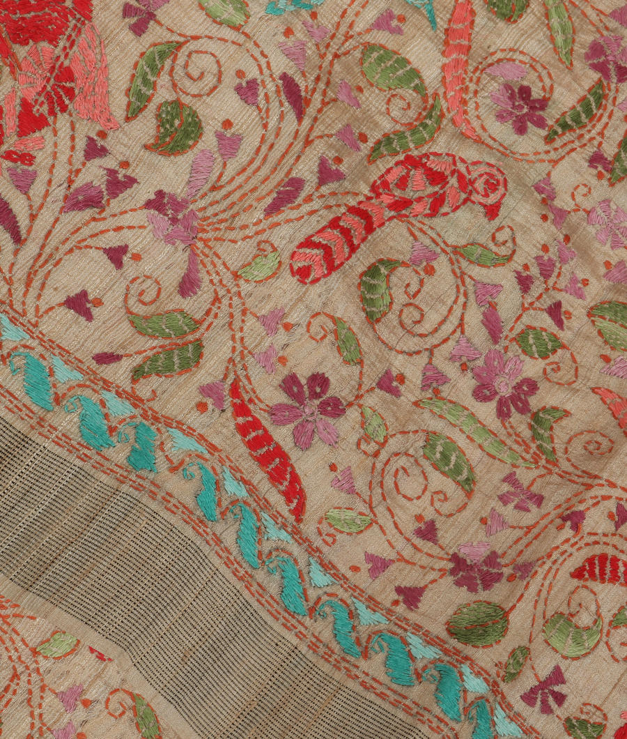Beige Tussar Kantha Work Saree T270130-image