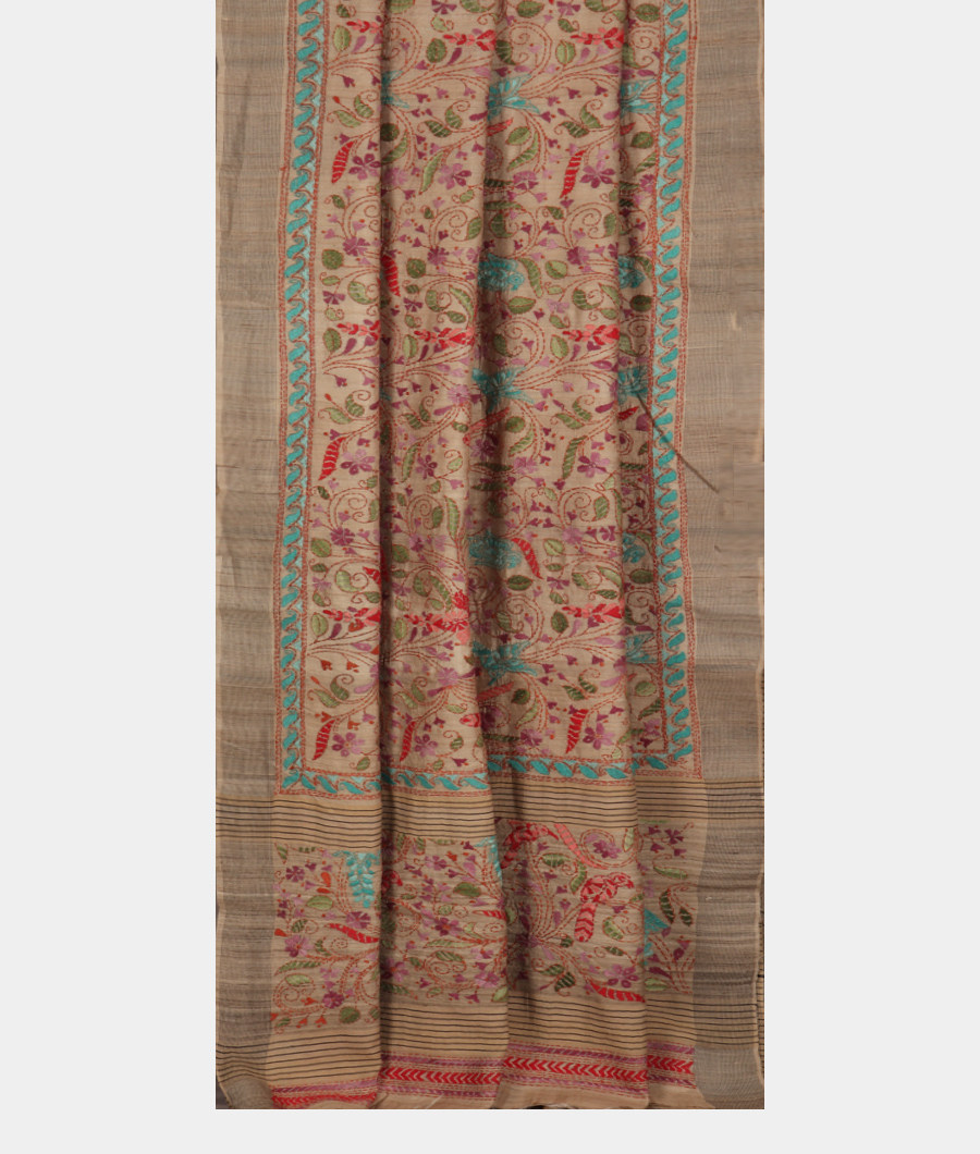 Beige Tussar Kantha Work Saree T2701302