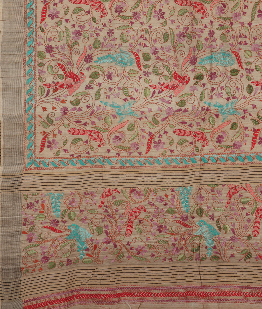 Beige Tussar Kantha Work Saree T2701304