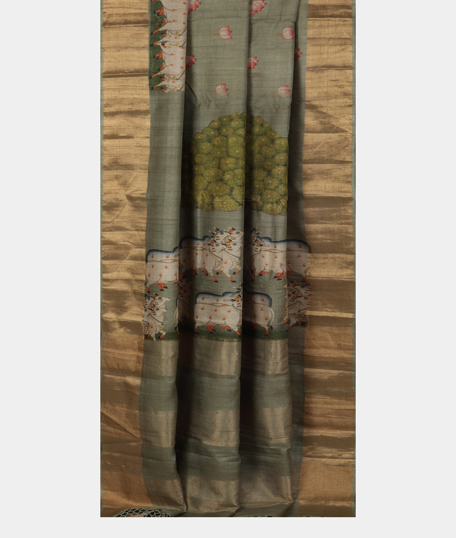 Green Tussar Printed Saree T3415602