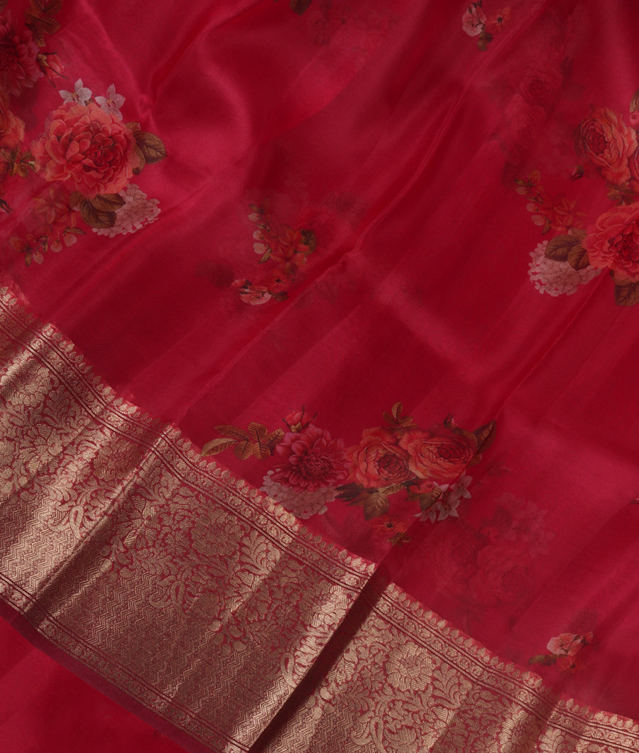 Pinkish Red Kora Organza Printed Saree T338805-image