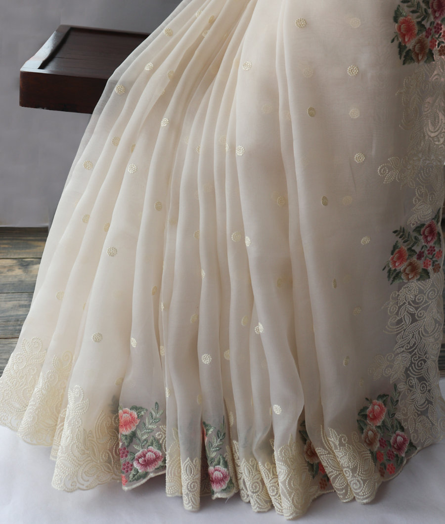 Off-White Kora Organza Embroidery Saree T3440853