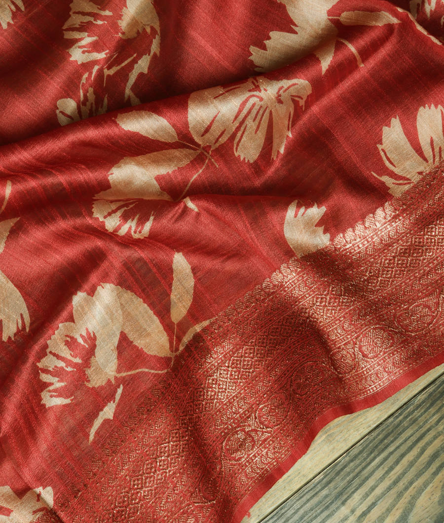 Red Printed Banaras Tussar Georgette Saree T3436264