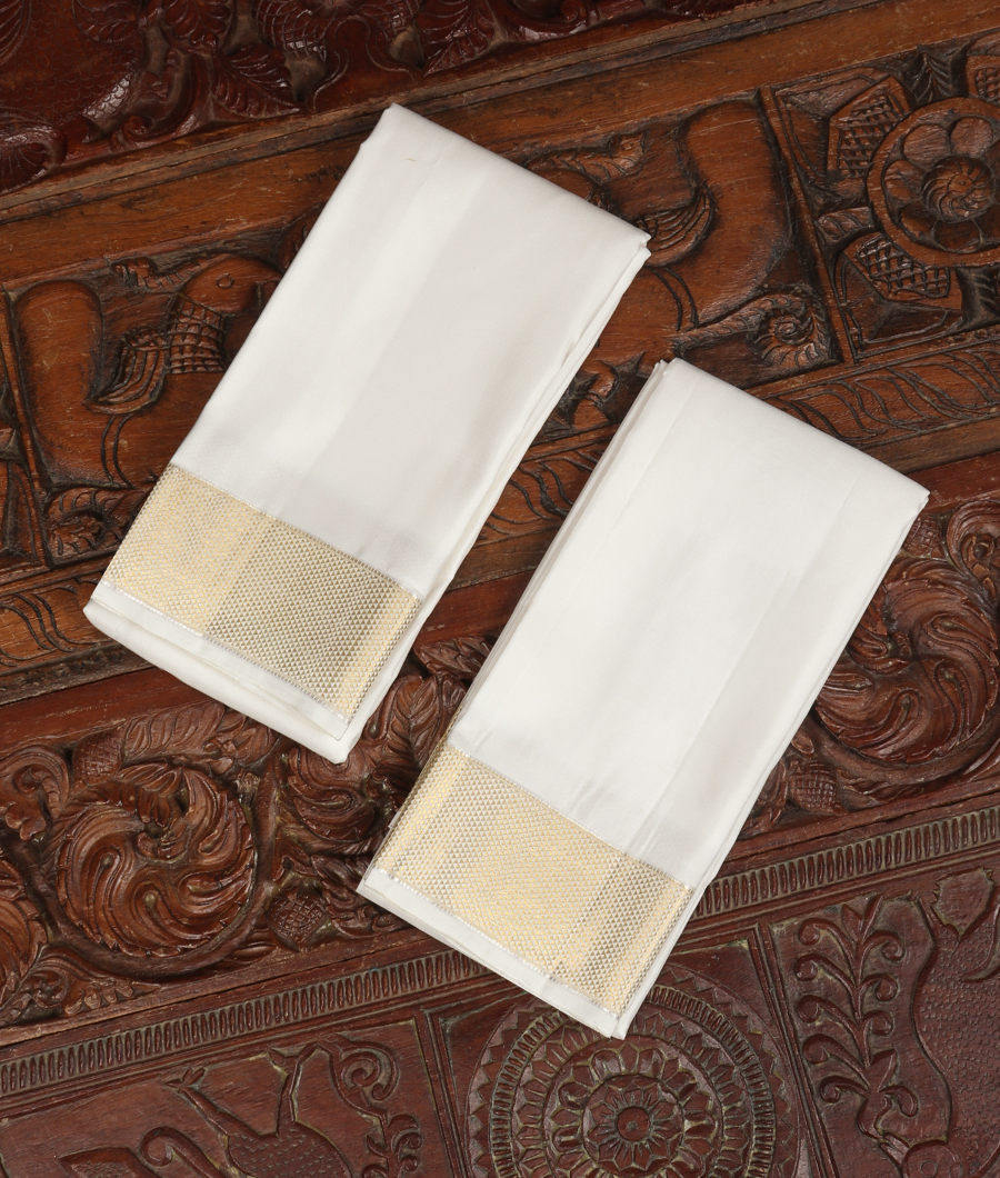 White Handwoven Kanjivaram Silk Dhoti and Vastharam T321191-image