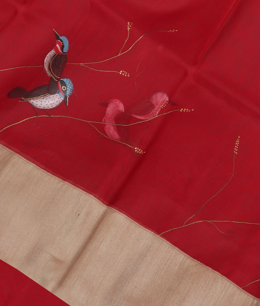 Red Kora Organza Hand Painted Saree NJ339-image