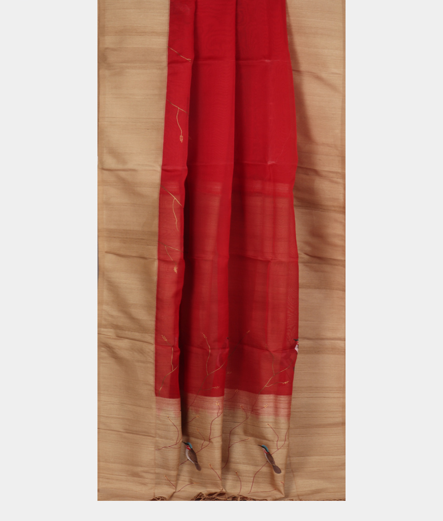 Red Kora Organza Hand Painted Saree NJ3392