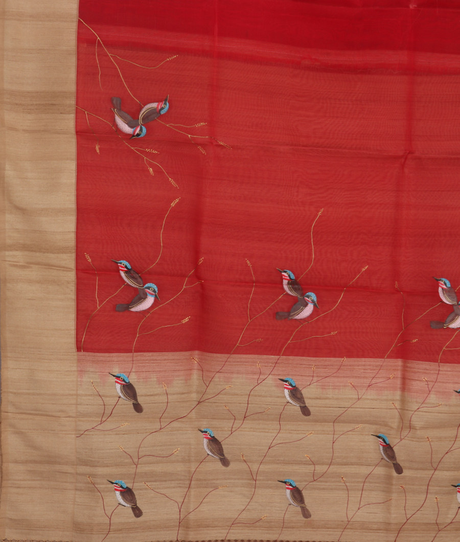 Red Kora Organza Hand Painted Saree NJ3394