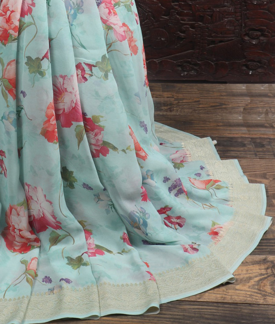 Blue Printed Banaras Georgette Silk Saree T344394-image