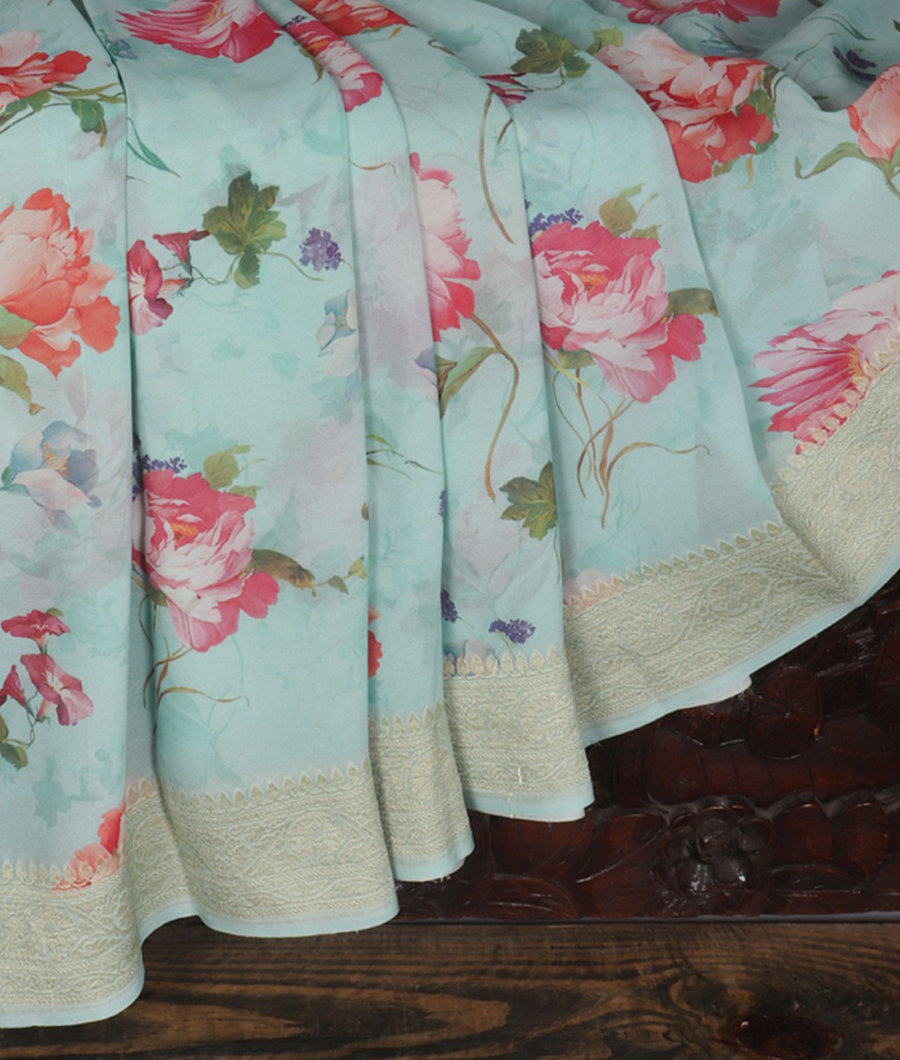 Blue Printed Banaras Georgette Silk Saree T3443942