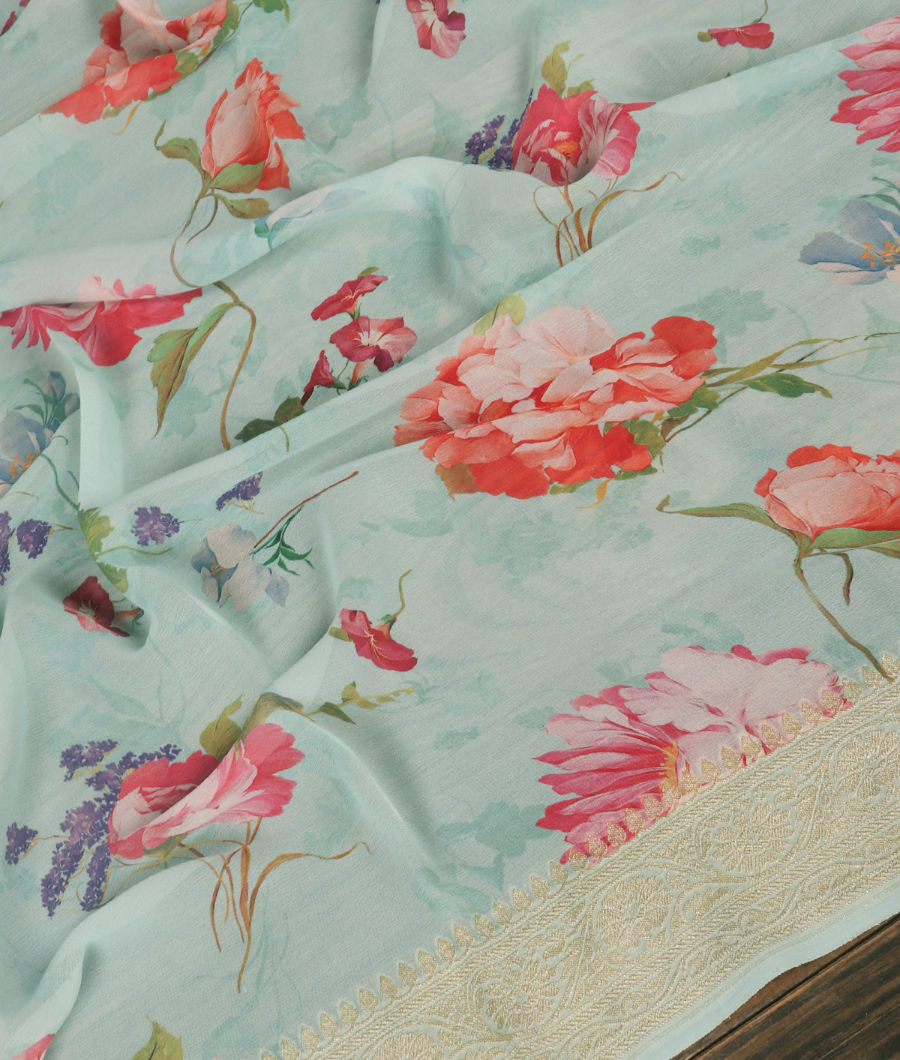 Blue Printed Banaras Georgette Silk Saree T3443944