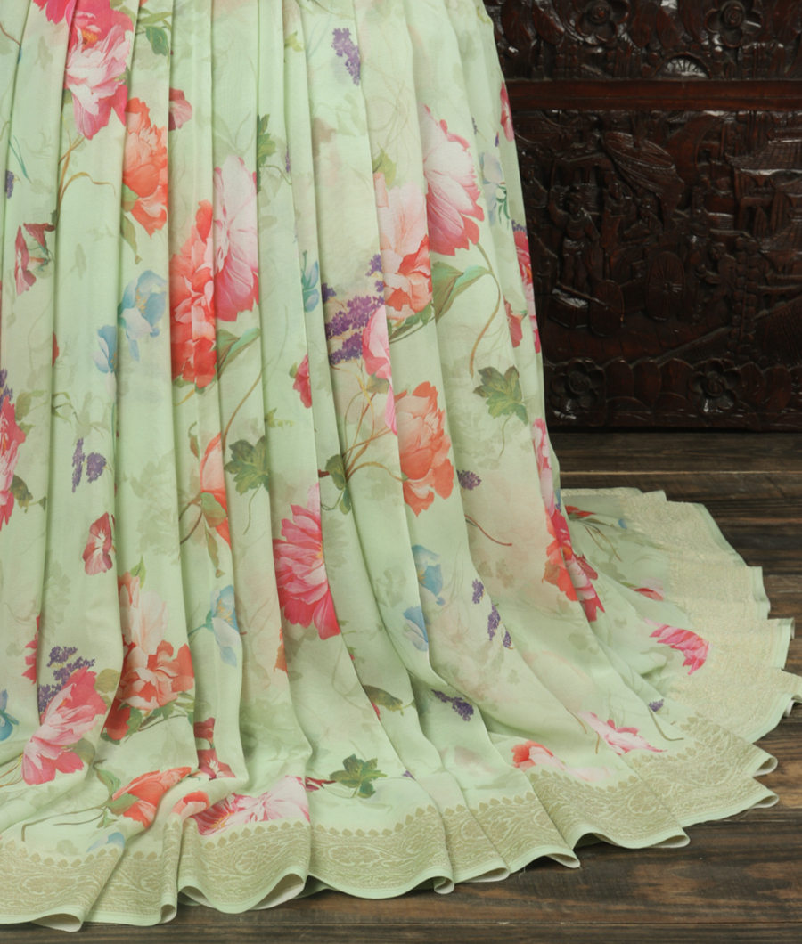 Green Printed Banaras Georgette Silk Saree T344392-image