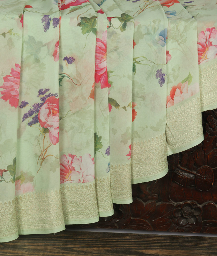 Green Printed Banaras Georgette Silk Saree T3443922