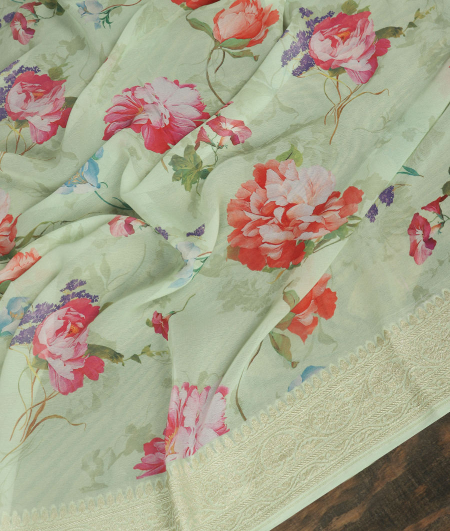 Green Printed Banaras Georgette Silk Saree T3443924