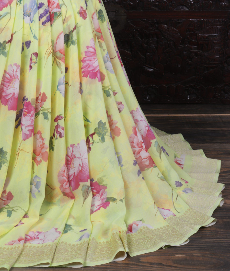 Yellowish Green Printed Banaras Georgette Silk Saree T344397-image
