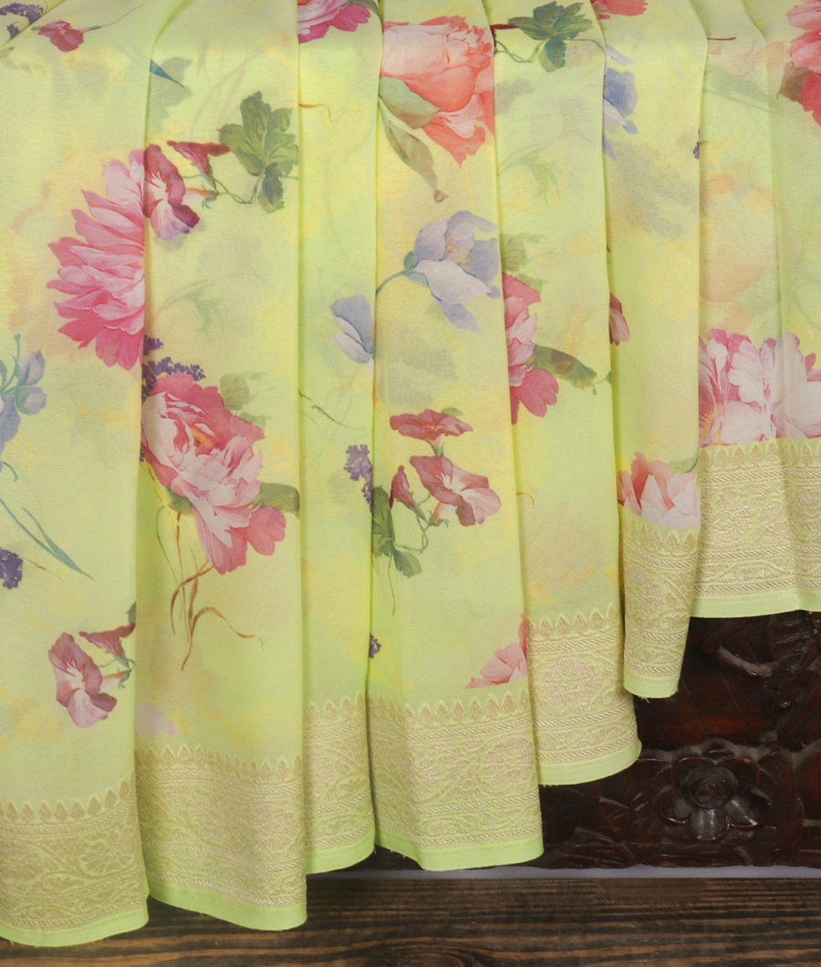 Yellowish Green Printed Banaras Georgette Silk Saree  T3443972