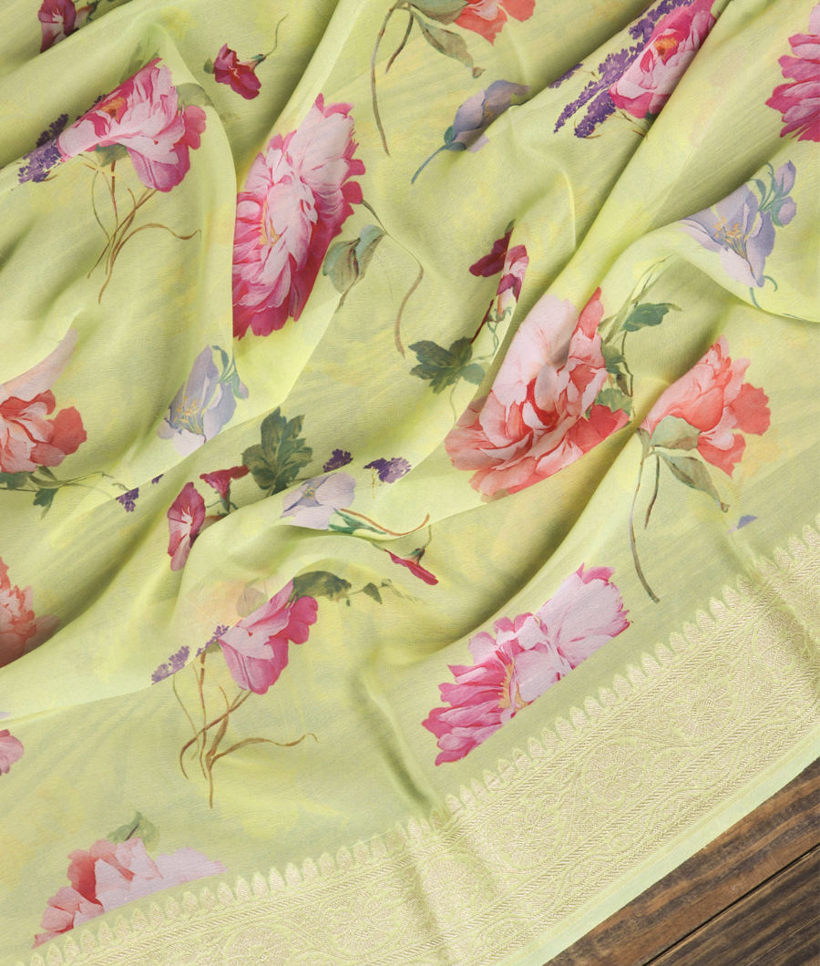 Yellowish Green Printed Banaras Georgette Silk Saree  T3443974