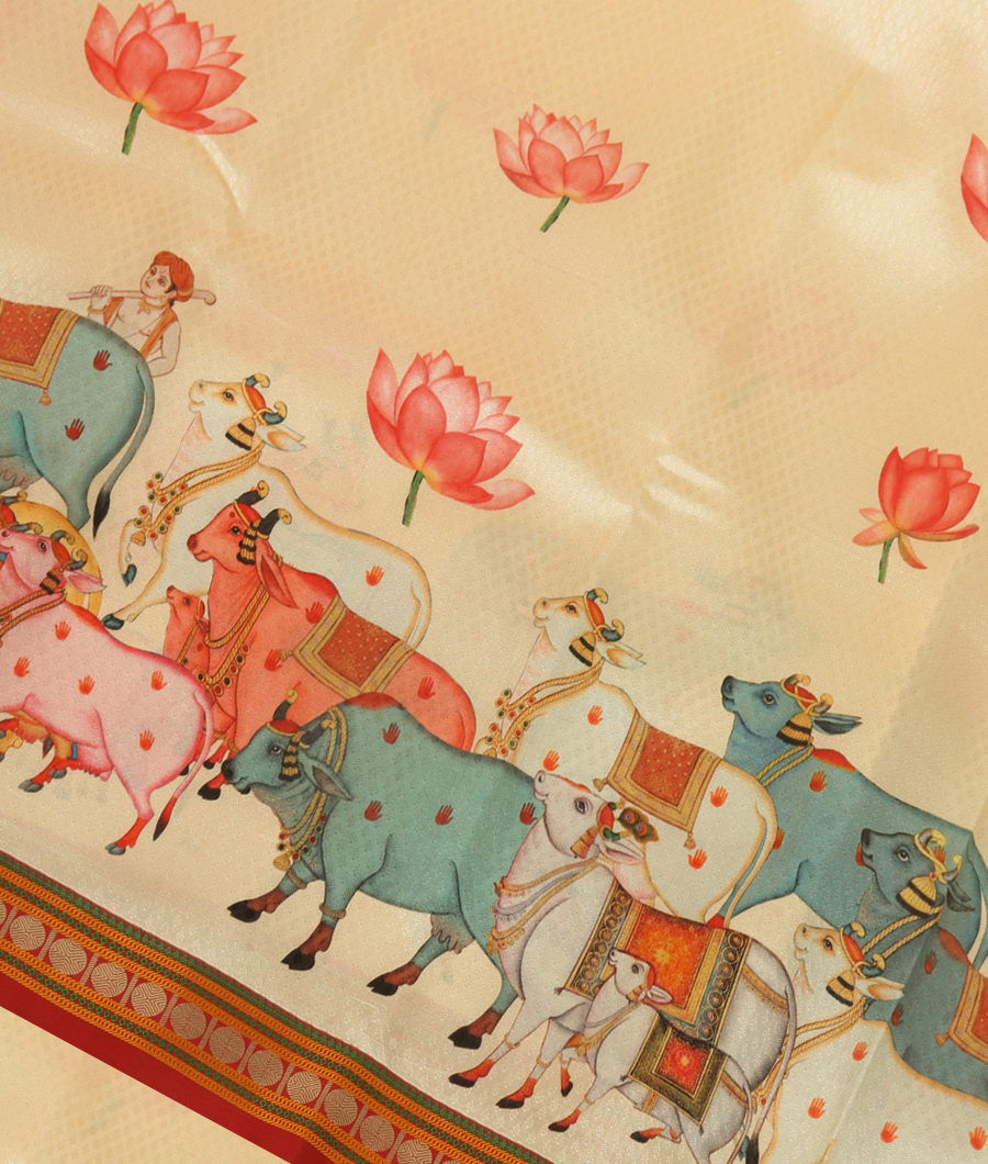 Cream Printed Soft Silk Saree T344828-image