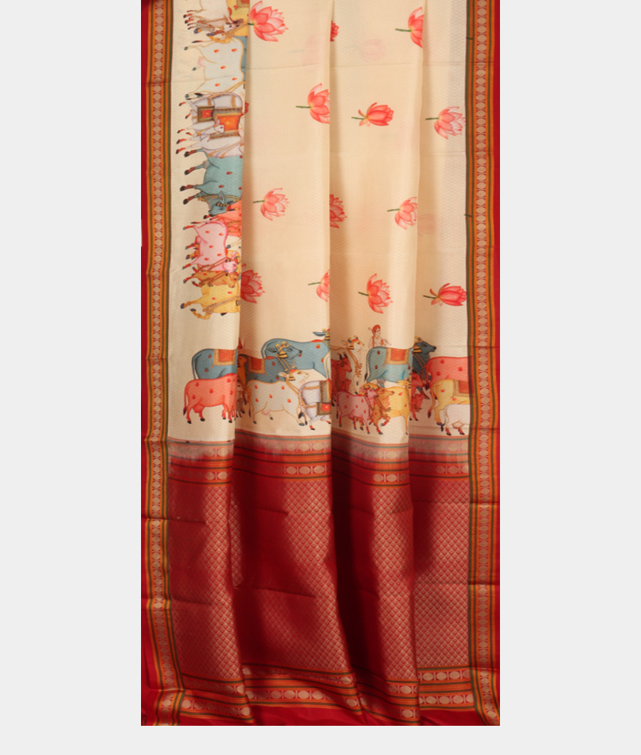 Cream Printed Soft Silk Saree T3448282