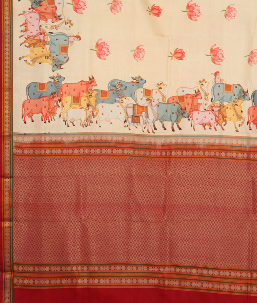 Cream Printed Soft Silk Saree T3448284