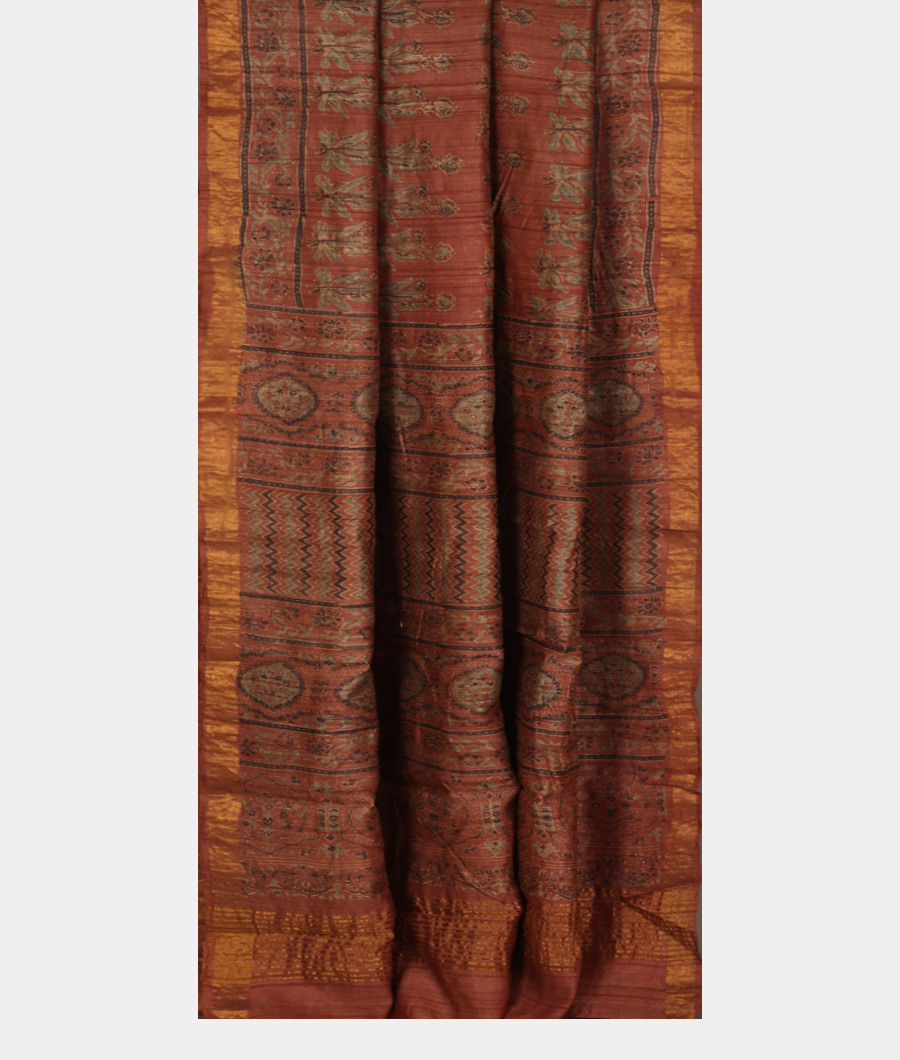 Rust Tussar Printed Saree T3409102